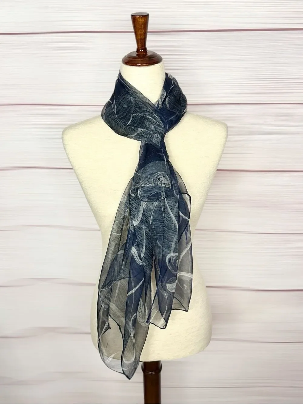 NWT HUALI Silk Chiffon Scarf Dark Blue Floral Sheer Lightweight Hand Rolled